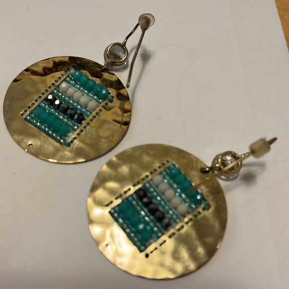 Hammered gold tone earrings crystal beads & clear stone holiday gifts for her - Picture 3 of 5